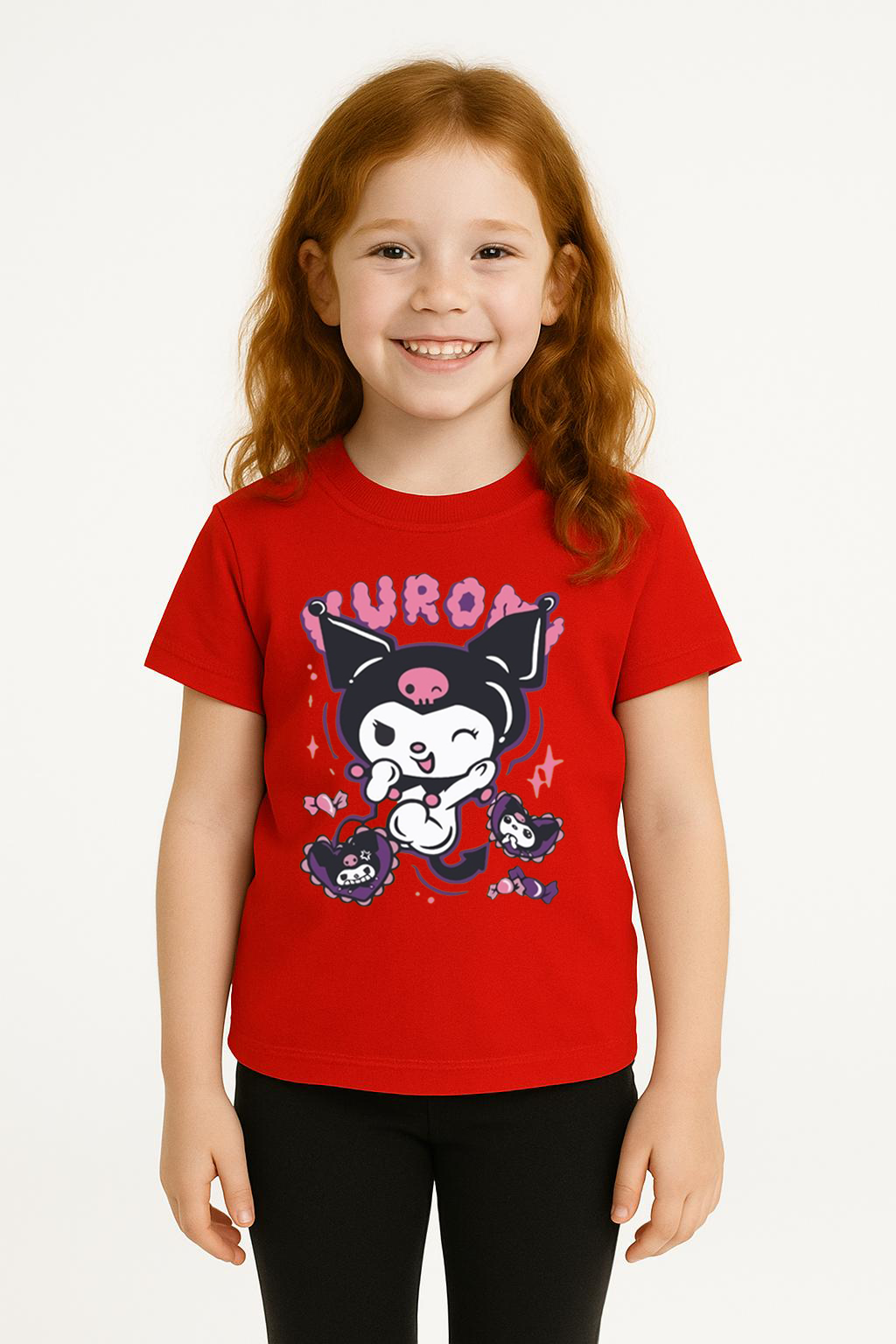 Kuromi Karakter Baskılı Kız Çocuk Tişört Moda Renkli Pamuklu Yazlık Günlük Tshirt Basic Kısa Kollu Kırmızı 3-4 Yaş