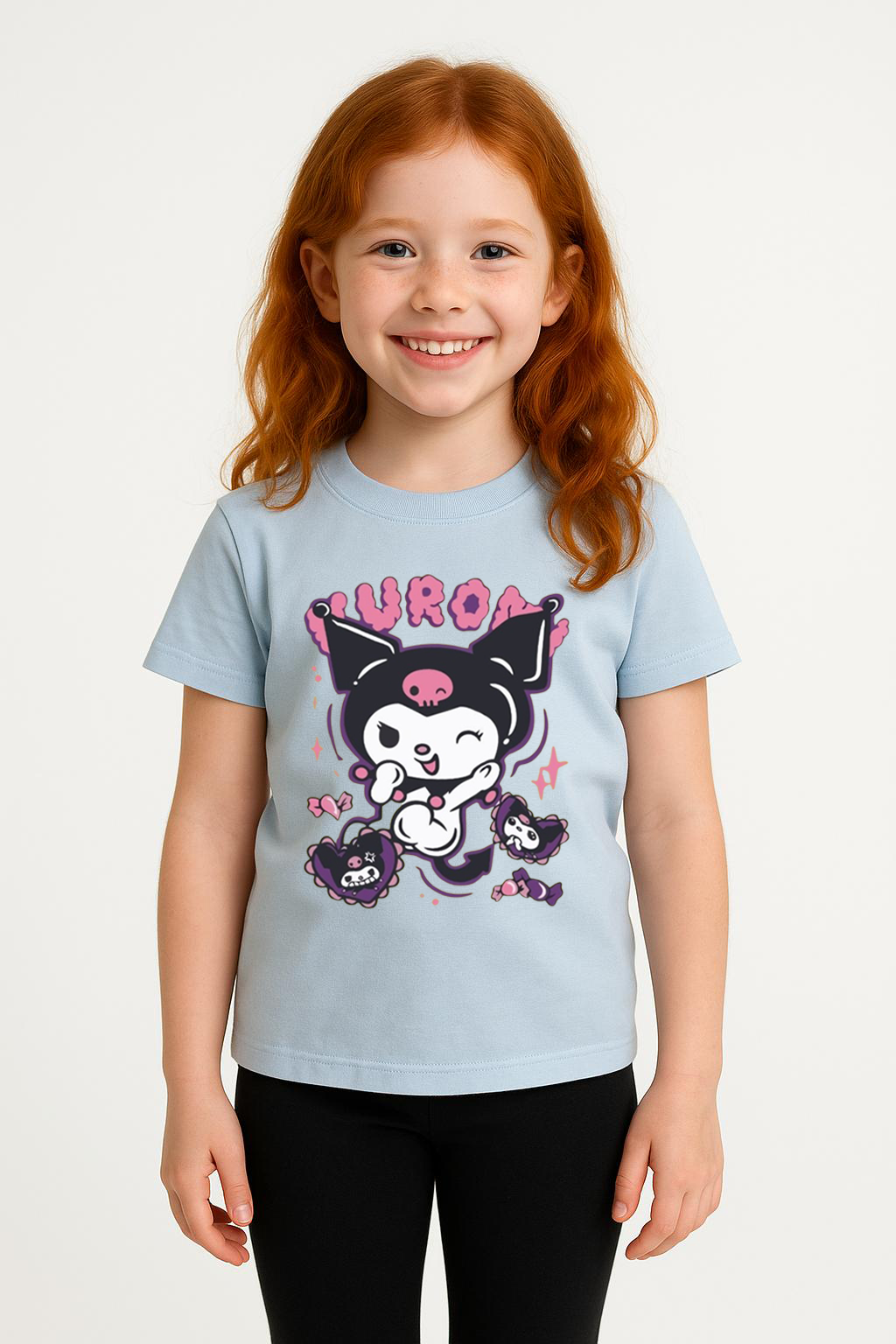 Kuromi Karakter Baskılı Kız Çocuk Tişört Moda Renkli Pamuklu Yazlık Günlük Tshirt Basic Kısa Kollu Açık Mavi 3-4 Yaş