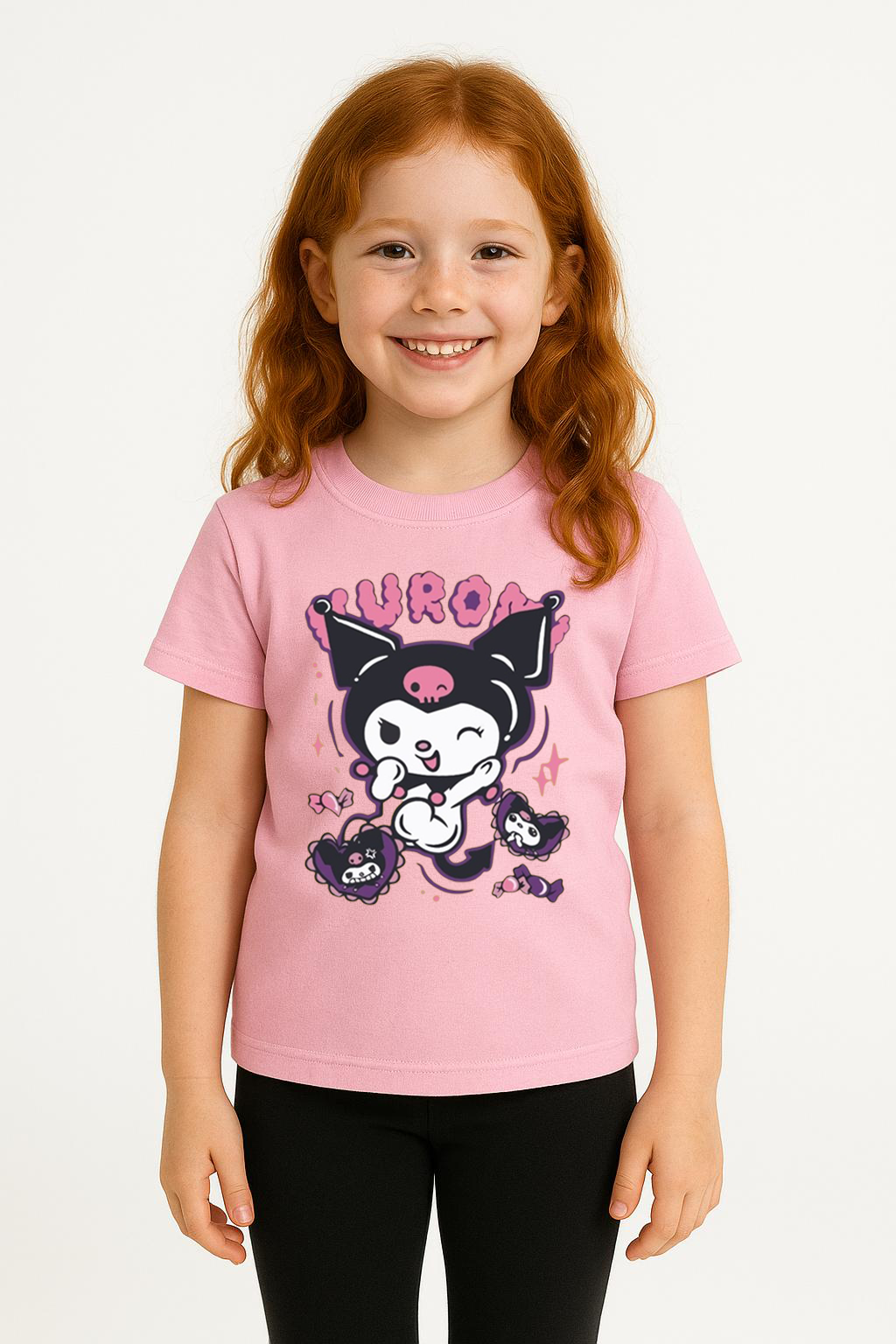 Kuromi Karakter Baskılı Kız Çocuk Tişört Moda Renkli Pamuklu Yazlık Günlük Tshirt Basic Kısa Kollu Pembe 9-10 Yaş