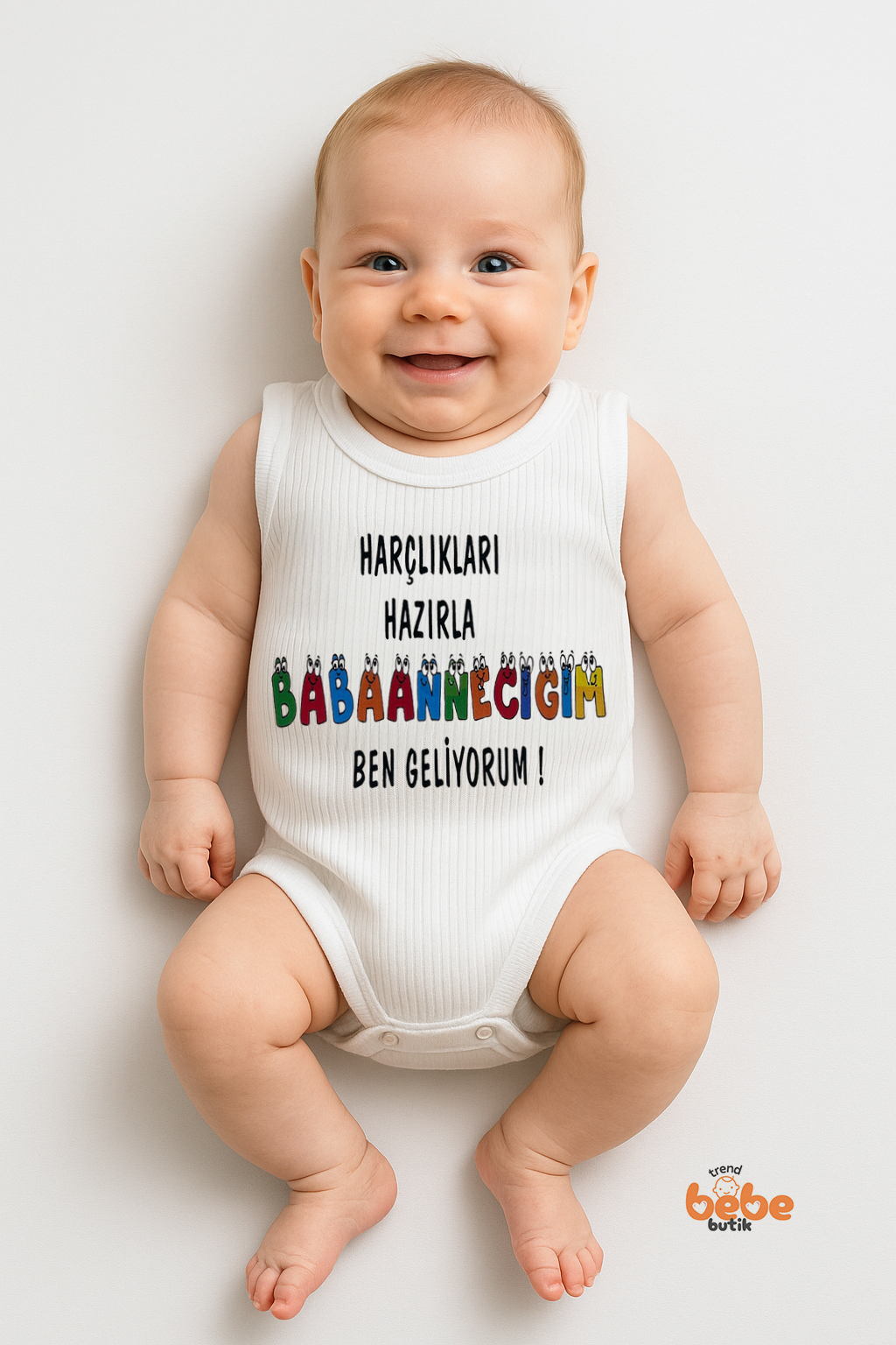 Harçlıkları Hazırla Babaanneciğim Ben Geliyorum Yazılı Pamuklu Ribana Çıtçıtlı Zıbın Body Bebe Tulum 36 AY