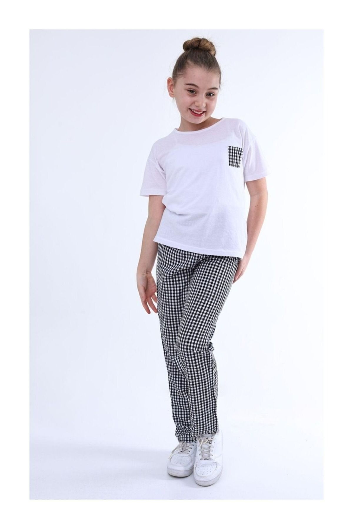Ekose Desenli Kız Çocuk Pijama Takımı 2'Li Alt Üst Eşofman Takımı Günlük ve Ev Giyim Kısa Kollu SİYAH - 14 YAŞ