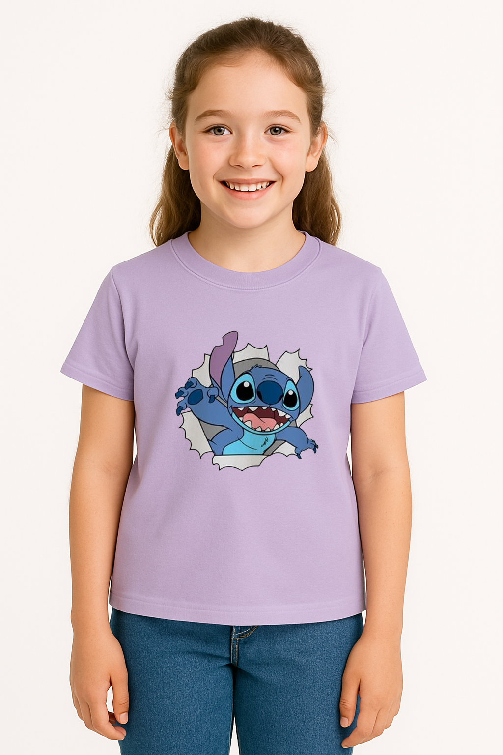 Sevimli Mavi Uzaylı Baskılı Kız Çocuk Tişörtü | Eğlenceli Karakter Desenli Pamuklu Yazlık T-Shirt Lila 7-8 Yaş