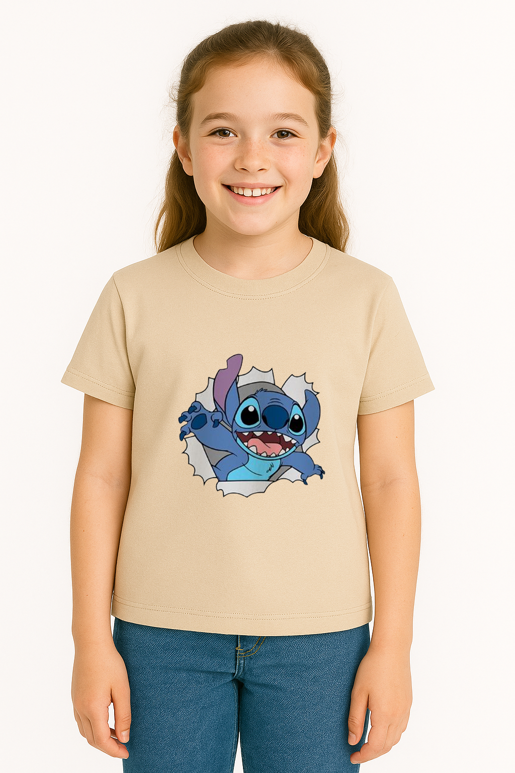 Sevimli Mavi Uzaylı Baskılı Kız Çocuk Tişörtü | Eğlenceli Karakter Desenli Pamuklu Yazlık T-Shirt Bej 3-4 Yaş