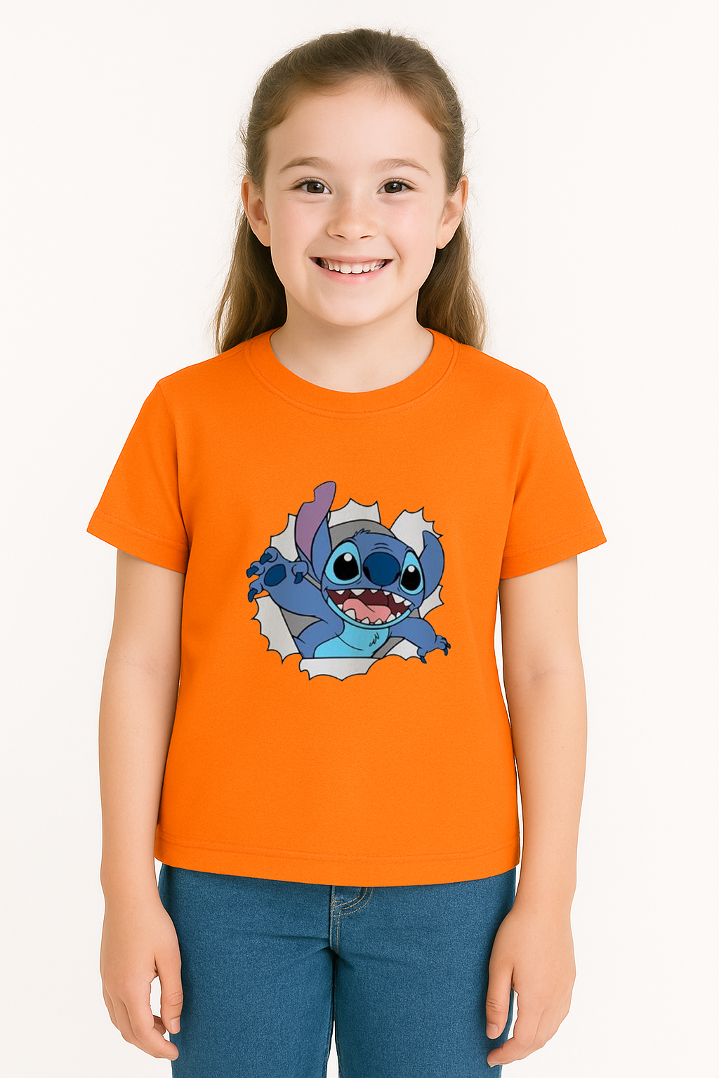 Sevimli Mavi Uzaylı Baskılı Kız Çocuk Tişörtü | Eğlenceli Karakter Desenli Pamuklu Yazlık T-Shirt Turuncu 5-6 Yaş