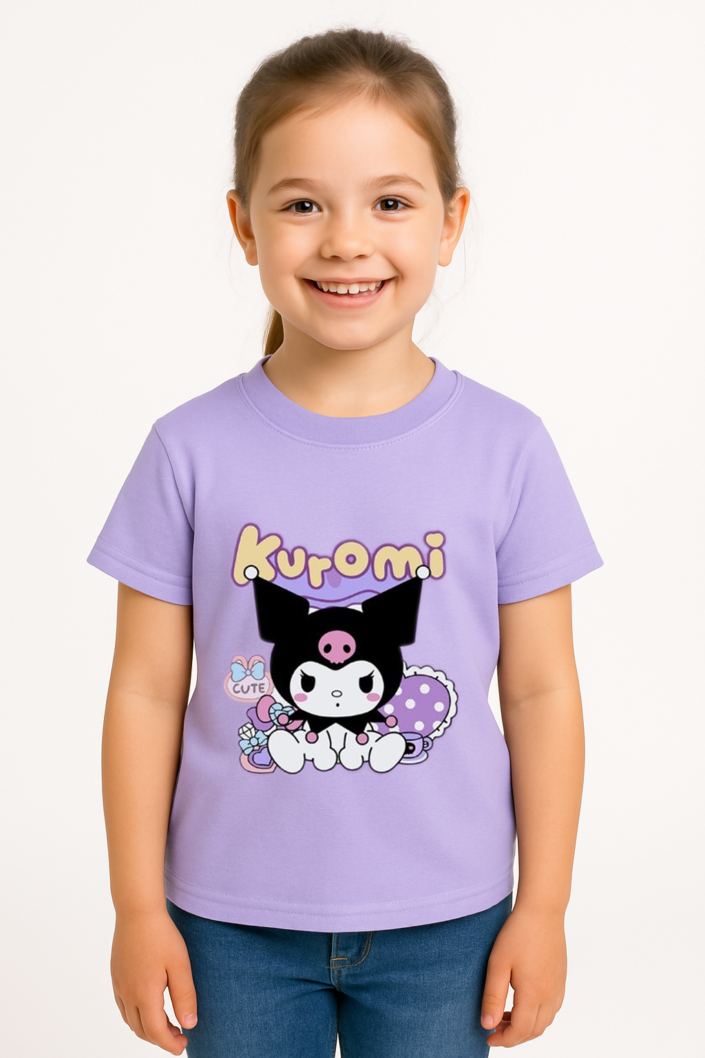 Kuromi Baskılı Kız Çocuk Tişörtü Renkli Pamuklu T-shirt Sevimli Anime Karakter Desenli Günlük Basic Lila