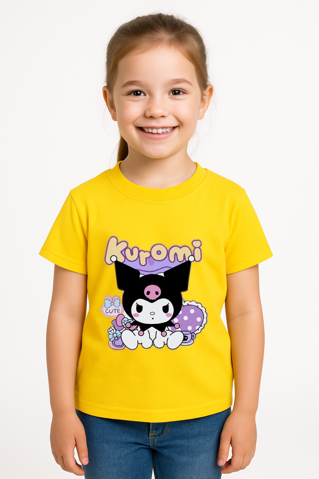 Kuromi Baskılı Kız Çocuk Tişörtü Renkli Pamuklu T-shirt Sevimli Anime Karakter Desenli Günlük Basic Sarı 5-6 Yaş