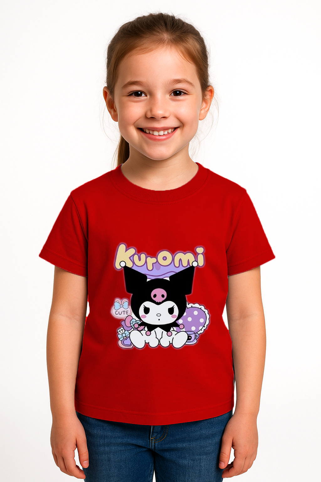 Kuromi Baskılı Kız Çocuk Tişörtü Renkli Pamuklu T-shirt Sevimli Anime Karakter Desenli Günlük Basic Kırmızı 7-8 Yaş