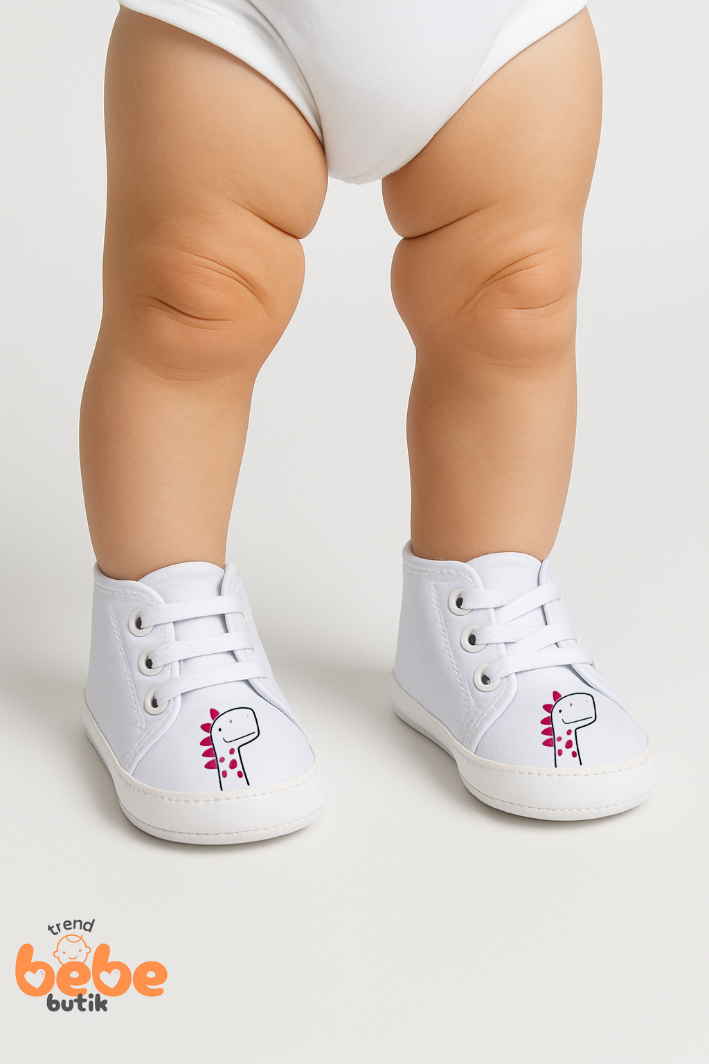 Bebek Dinozor Desenli İlk Adım Ayakkabısı – Yumuşak Taban, Bağcıklı, Pamuklu Kumaş Unisex Beyaz 23