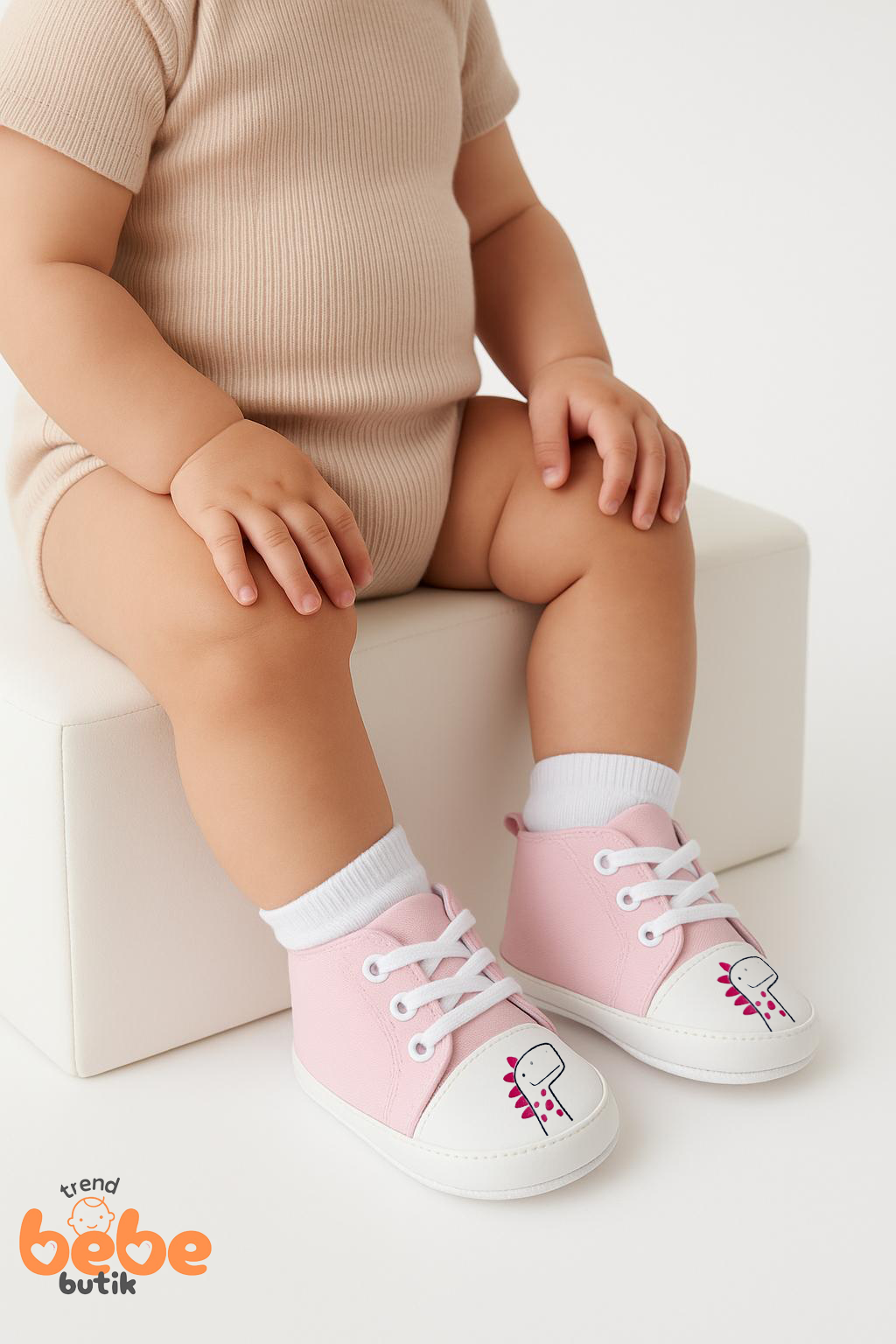 Bebek Dinozor Desenli İlk Adım Ayakkabısı – Yumuşak Taban, Bağcıklı, Pamuklu Kumaş Unisex Açık Pembe 23