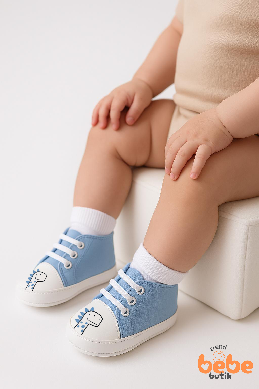 Bebek Dinozor Desenli İlk Adım Ayakkabısı – Yumuşak Taban, Bağcıklı, Pamuklu Kumaş Unisex Mavi 23