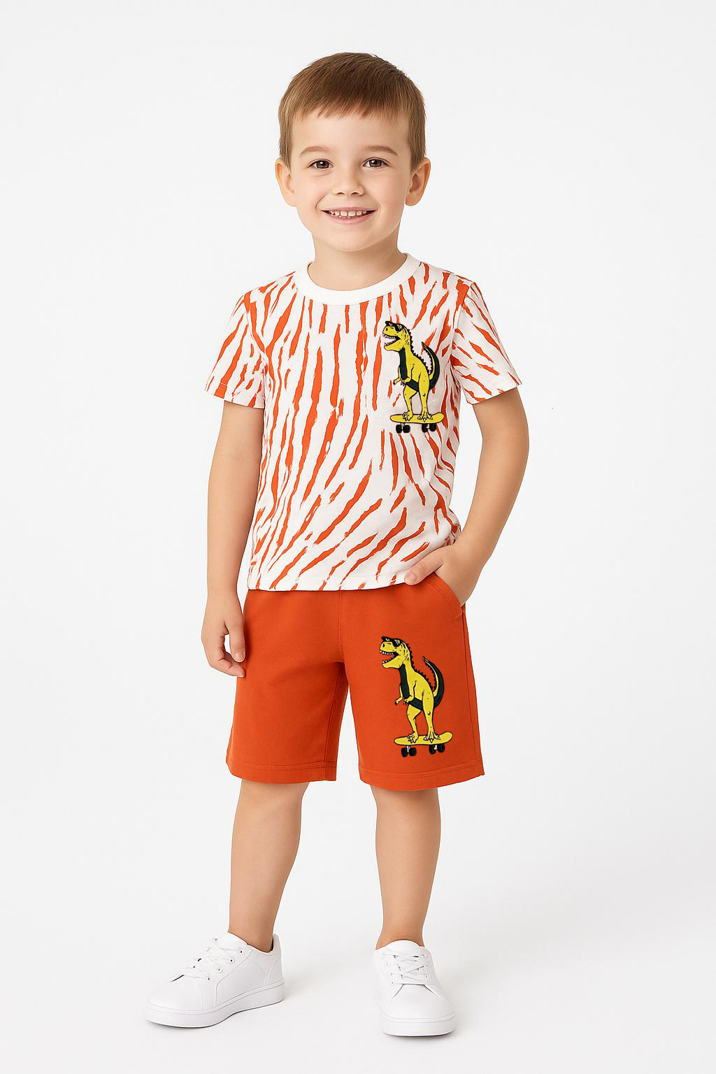Zara Model Erkek Çocuk Dinazor Desenli Şort Tişört Takım 5-12 Yaş – Renkli Yazlık Spor Takım 9-10 Yaş - TURUNCU
