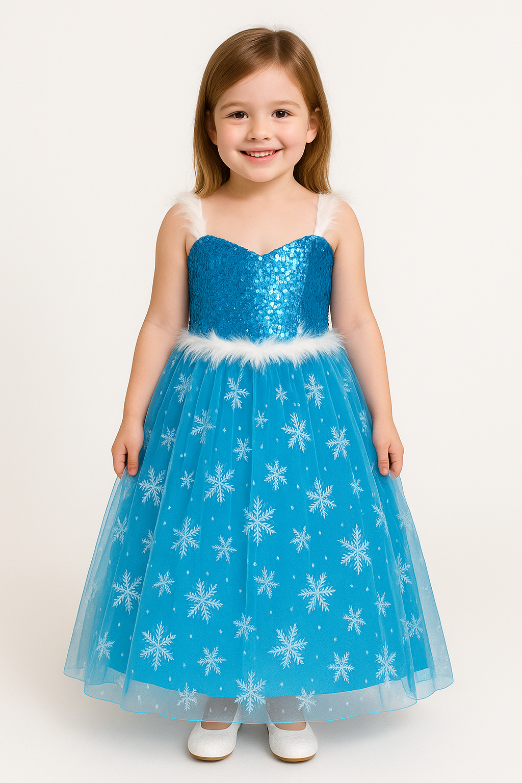 Frozen Elsa Temalı Kar Tanesi Desenli Kız Çocuk Abiye Elbise | Tarlatanlı Parıltılı Prenses Kostüm 2 Yaş