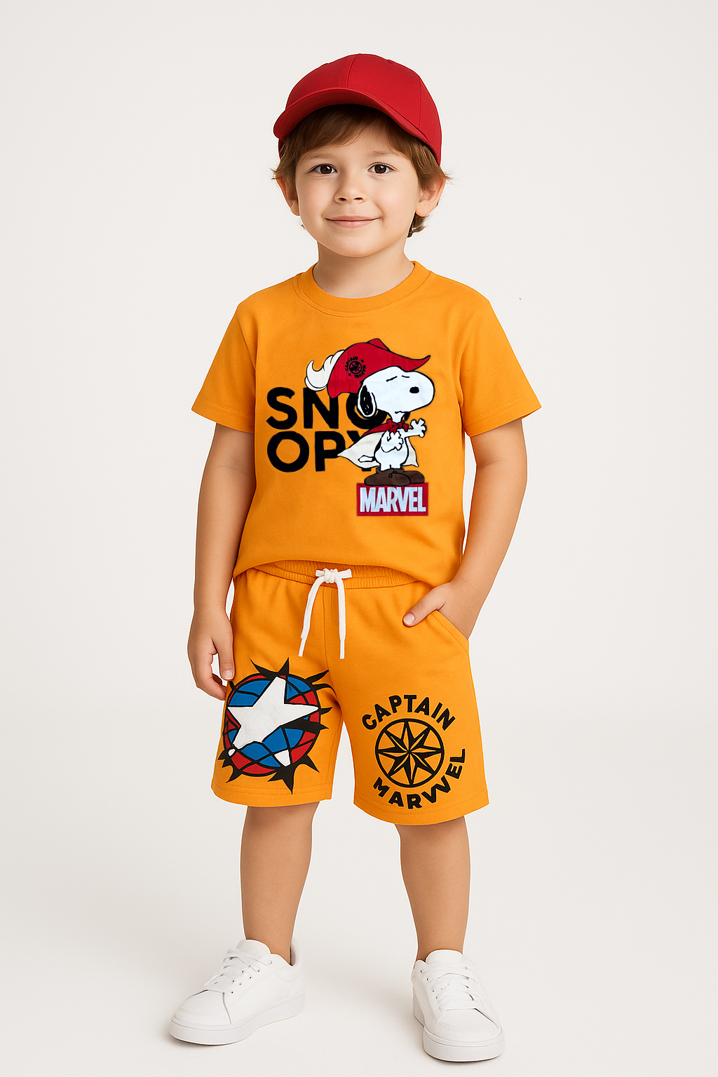 Zara Model Erkek Çocuk Snoopy Baskılı Turuncu Şort Tişört Takım 3-8 Yaş %100 Pamuk Yazlık Karakterli İkili Set 4 YAŞ