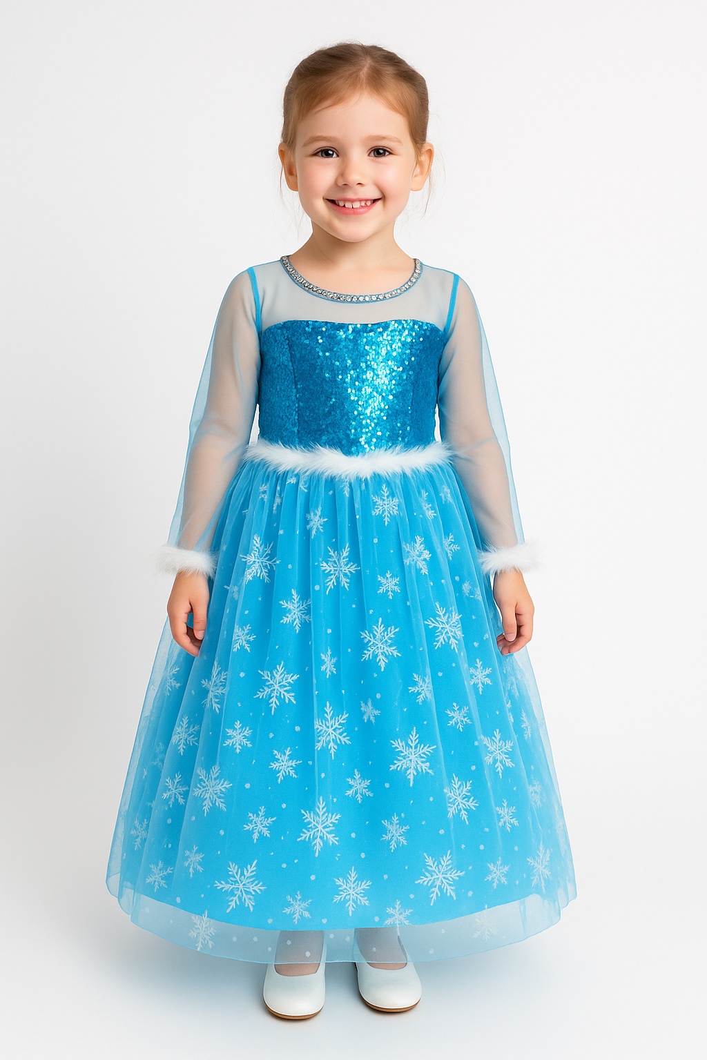 Uzun Kollu Frozen Elsa Kar Tanesi Desenli Tarlatanlı Mavi Kız Çocuk Abiye Elbise Prenses Kostüm 2 Yaş