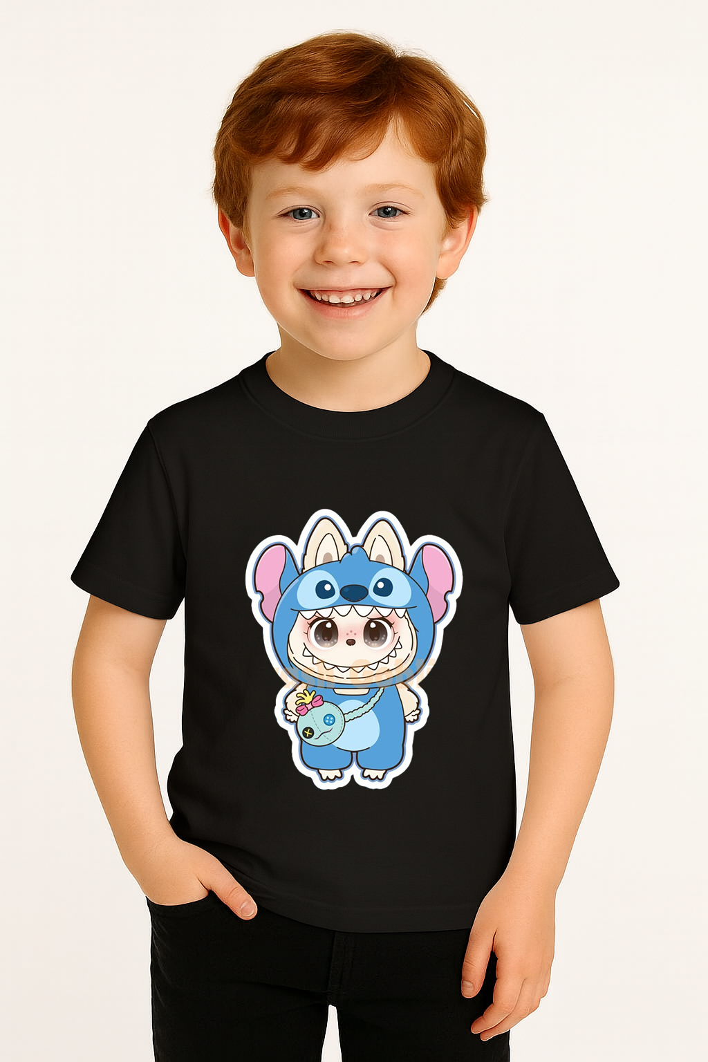 Labubu Baskılı Erkek Çocuk Tişörtü Kısa Kollu T-Shirt Eğlenceli Karakterli Yazlık Üst Pamuklu Tişört Siyah 3-4 Yaş