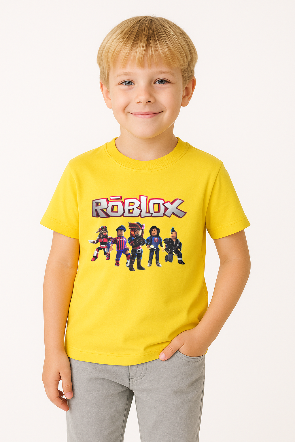 Roblox Baskılı Kısa Kollu Pamuklu Erkek Çocuk Tişörtü | Renkli Oyun Karakterli Yazlık Tshirt SARI - 5-6 Yaş