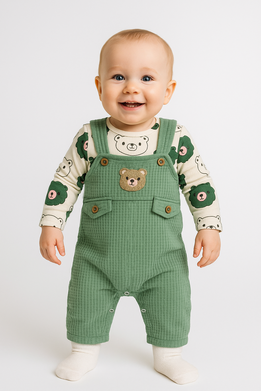 Unisex 3-6-9 Ay Pamuklu Peluş Ayıcık Baskılı Salopet Takım (Body+Tulum+Çorap) | Bebek Kıyafeti Seti 9 AY - HAKİ