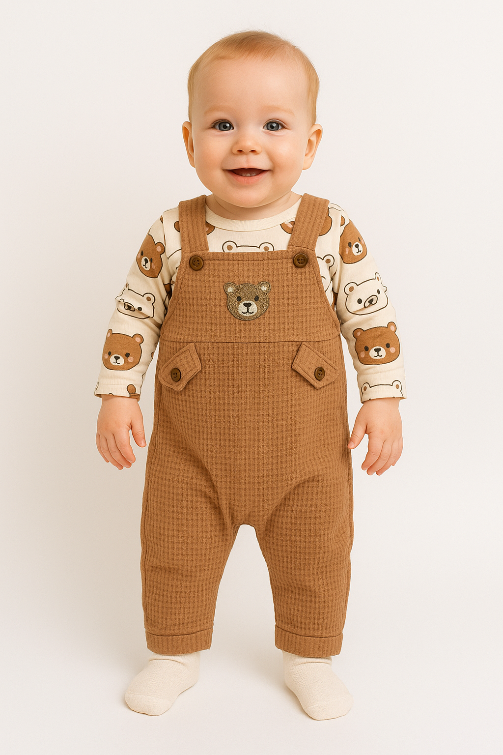 Unisex 3-6-9 Ay Pamuklu Peluş Ayıcık Baskılı Salopet Takım (Body+Tulum+Çorap) | Bebek Kıyafeti Seti 6 AY - TARÇIN KAHVERENGİ