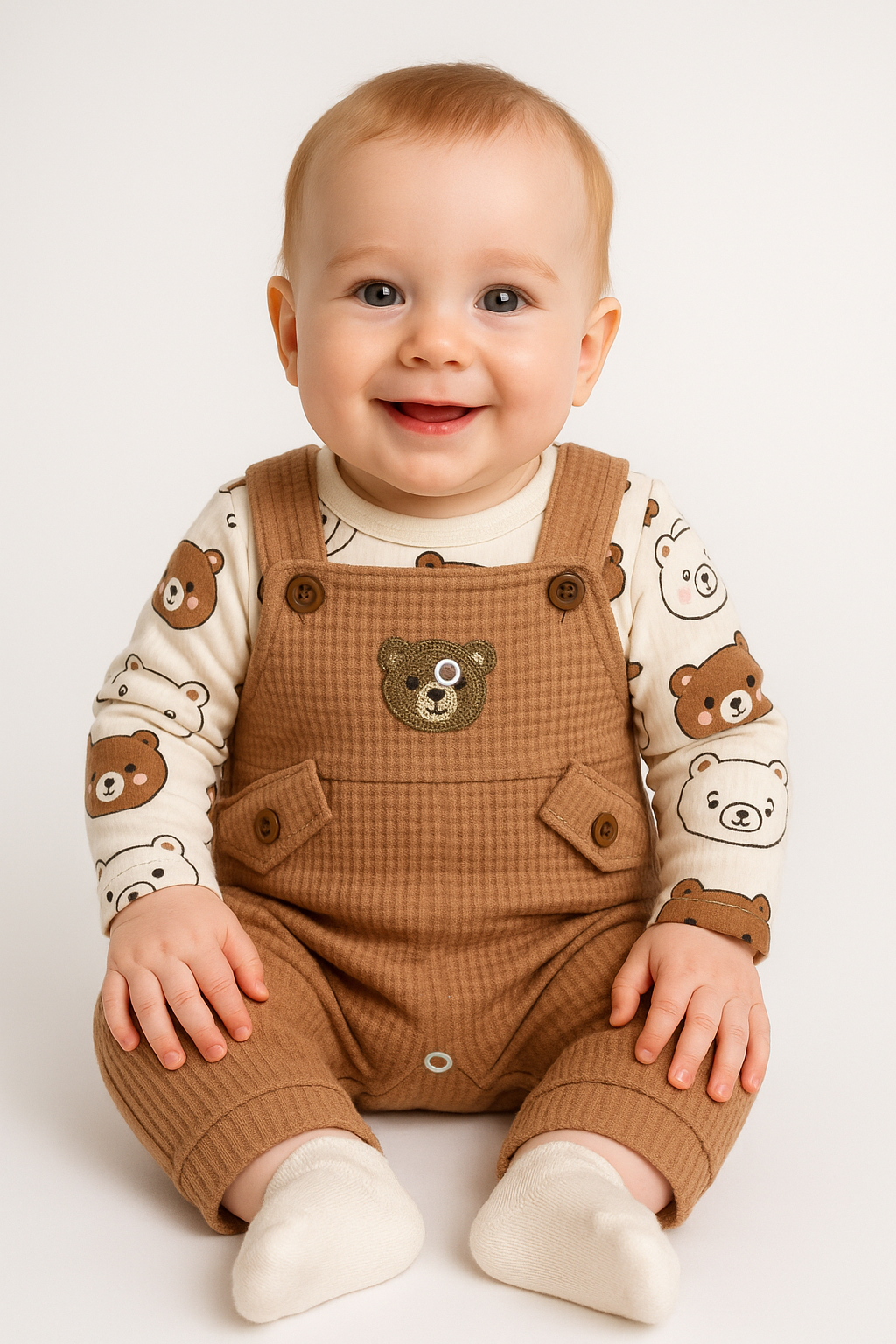 Unisex 3-6-9 Ay Pamuklu Peluş Ayıcık Baskılı Salopet Takım (Body+Tulum+Çorap) | Bebek Kıyafeti Seti 9 AY - TARÇIN KAHVERENGİ