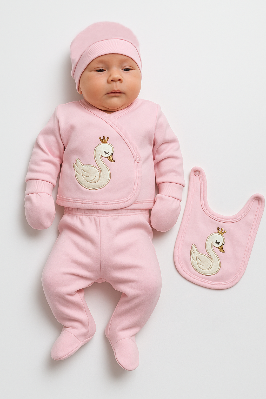 Yenidoğan Kız Bebek 5 Parça Hastane Çıkışı – Kuğu Desenli, Pembe Renkli, %100 Pamuklu Konforlu Takım