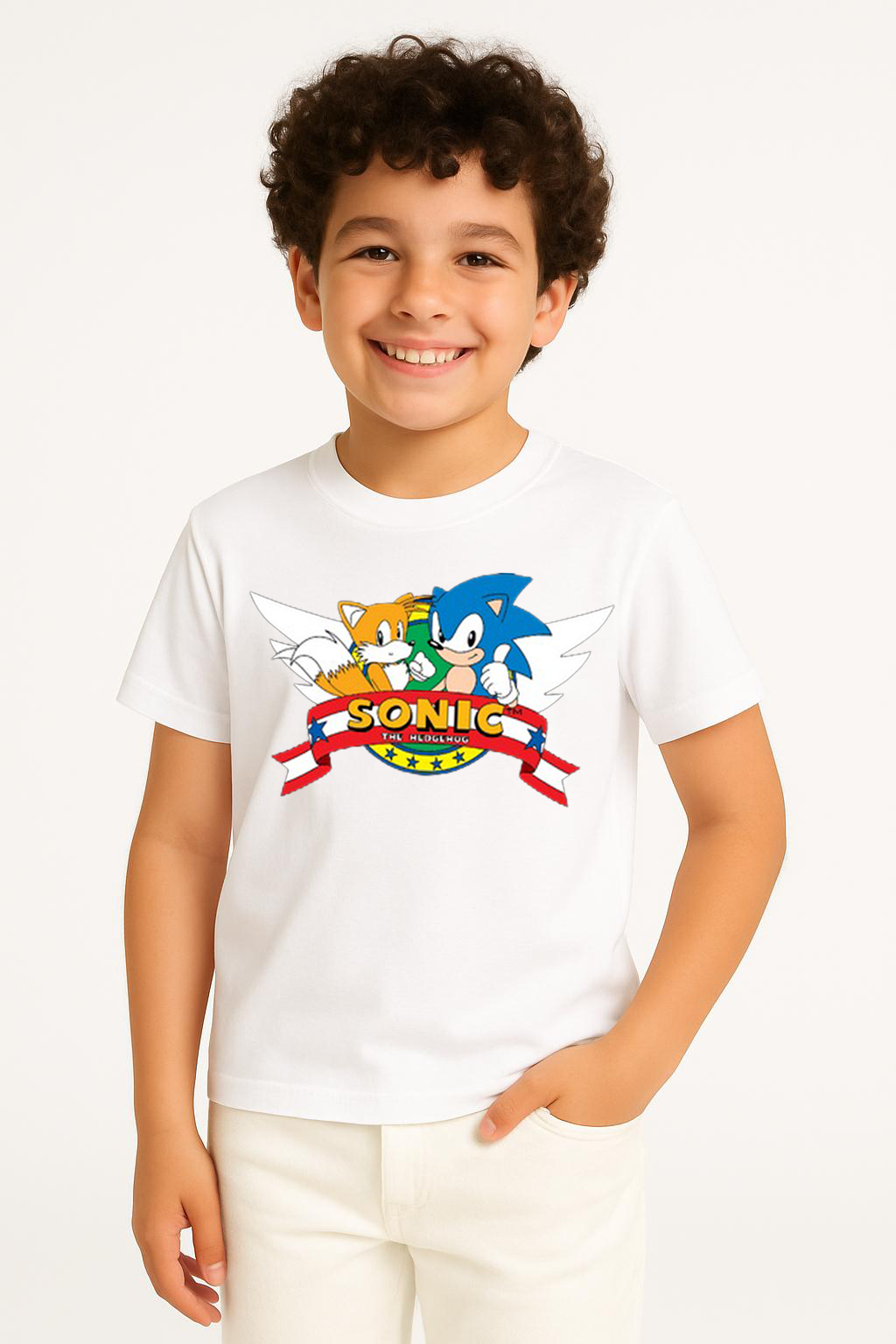 Sonic Baskılı Erkek Çocuk Tişörtü - Renkli Pamuklu Kısa Kollu Yazlık T-Shirt Basic Günlük Beyaz 11-12 Yaş