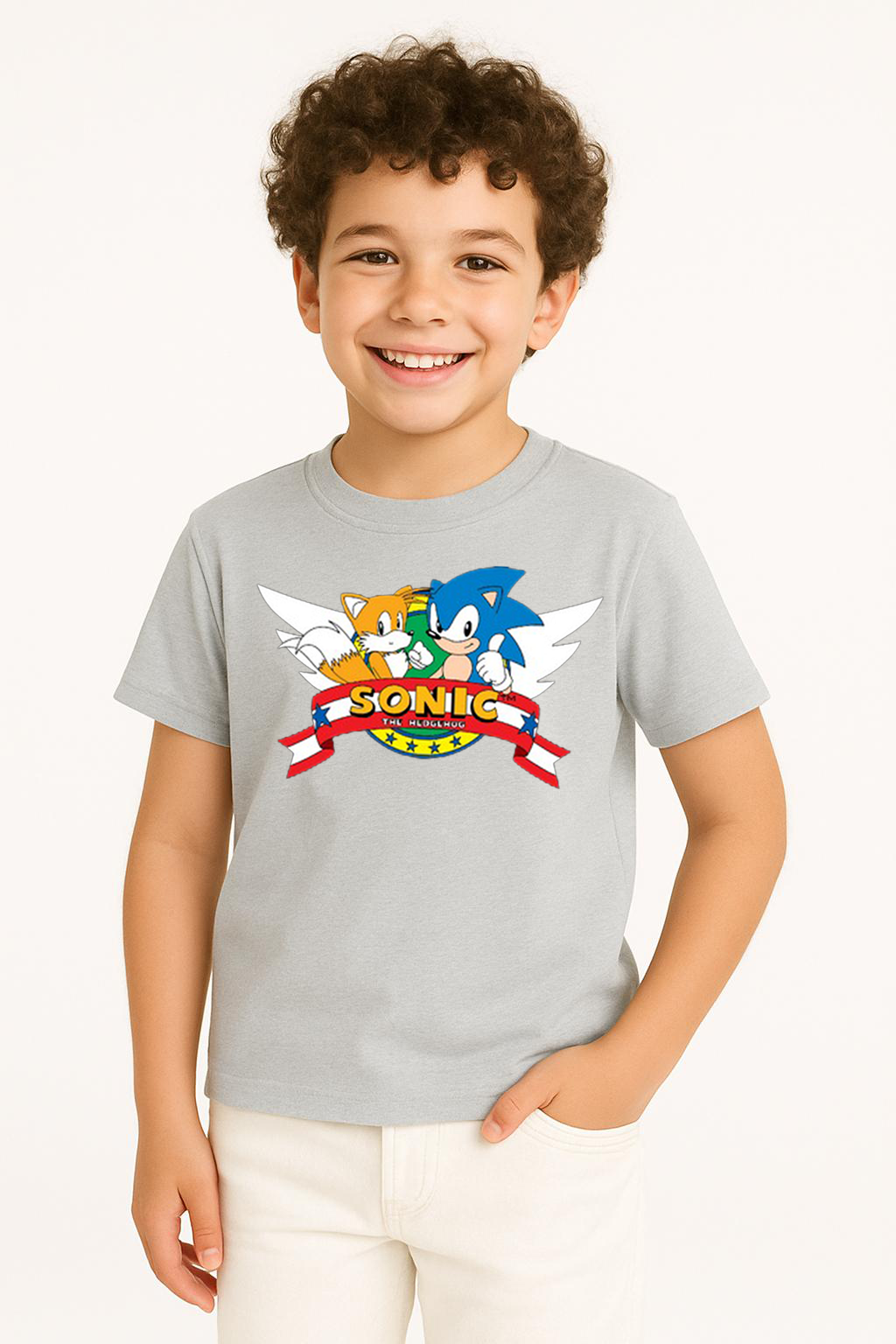 Sonic Baskılı Erkek Çocuk Tişörtü - Renkli Pamuklu Kısa Kollu Yazlık T-Shirt Basic Günlük Gri 5-6 Yaş