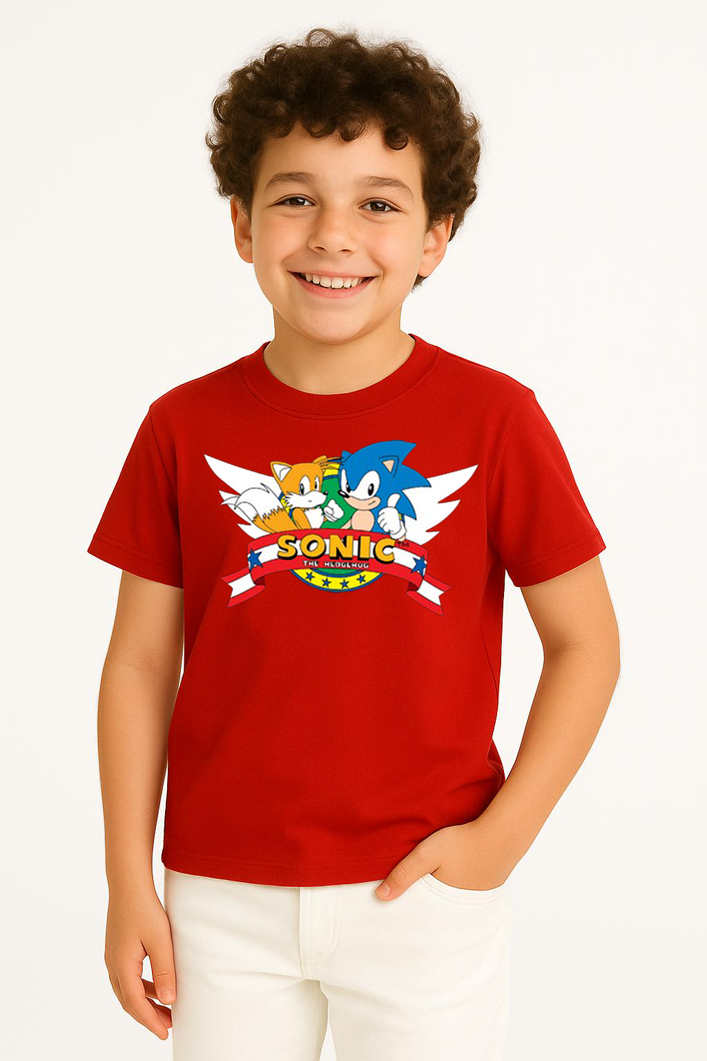 Sonic Baskılı Erkek Çocuk Tişörtü - Renkli Pamuklu Kısa Kollu Yazlık T-Shirt Basic Günlük Kırmızı 5-6 Yaş