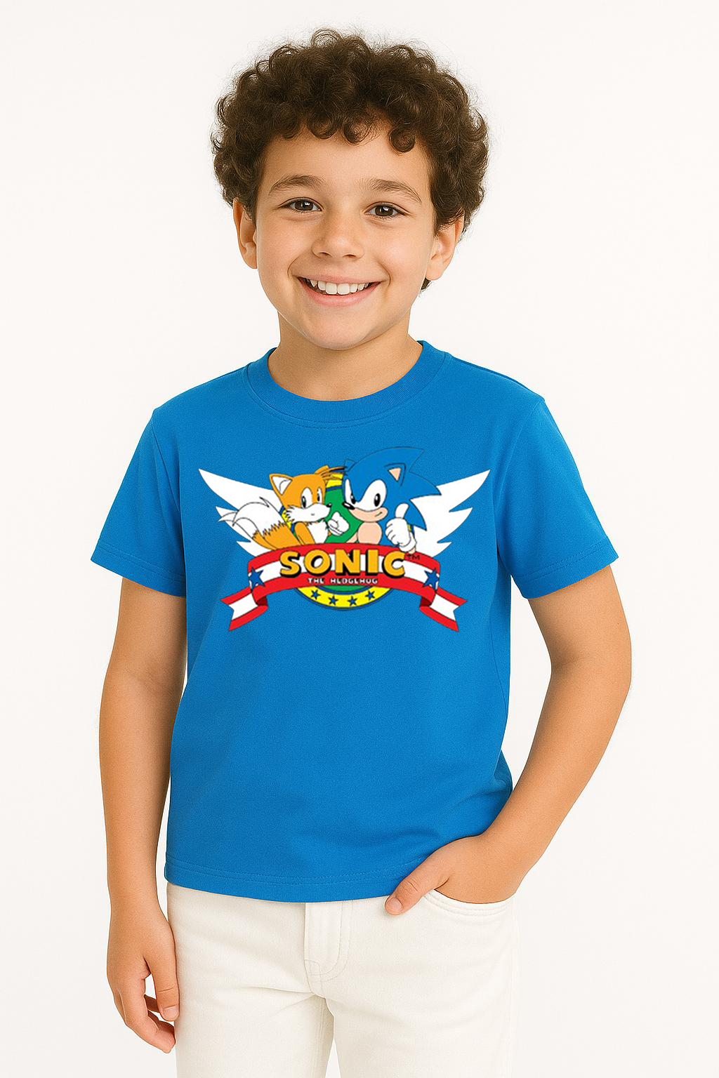 Sonic Baskılı Erkek Çocuk Tişörtü - Renkli Pamuklu Kısa Kollu Yazlık T-Shirt Basic Günlük Koyu Mavi 5-6 Yaş