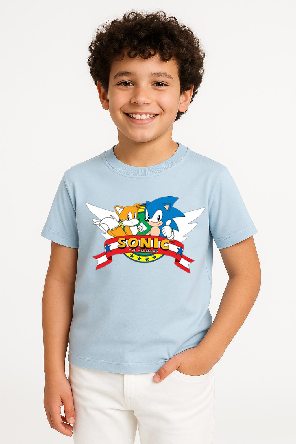 Sonic Baskılı Erkek Çocuk Tişörtü - Renkli Pamuklu Kısa Kollu Yazlık T-Shirt Basic Günlük Açık Mavi 5-6 Yaş