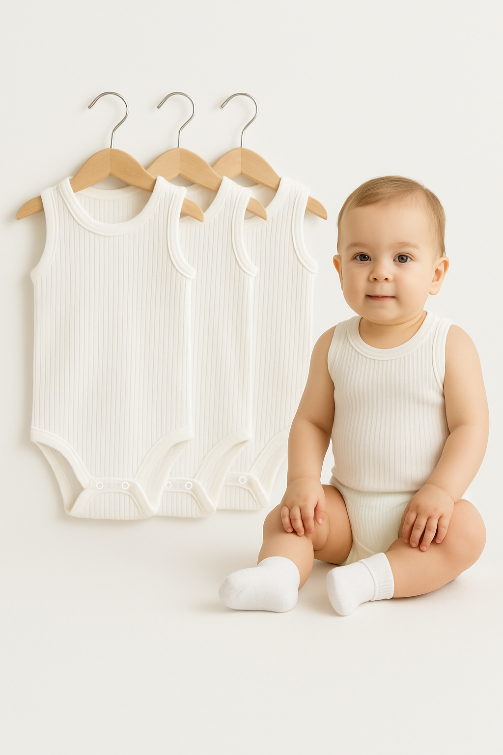 3’lü Fitilli Ribana Çıtçıtlı Bebek Zıbın | Kolsuz Yazlık Pamuklu Body Seti | Unisex Bebek Badi Tulum 24-36 Ay - BEYAZ