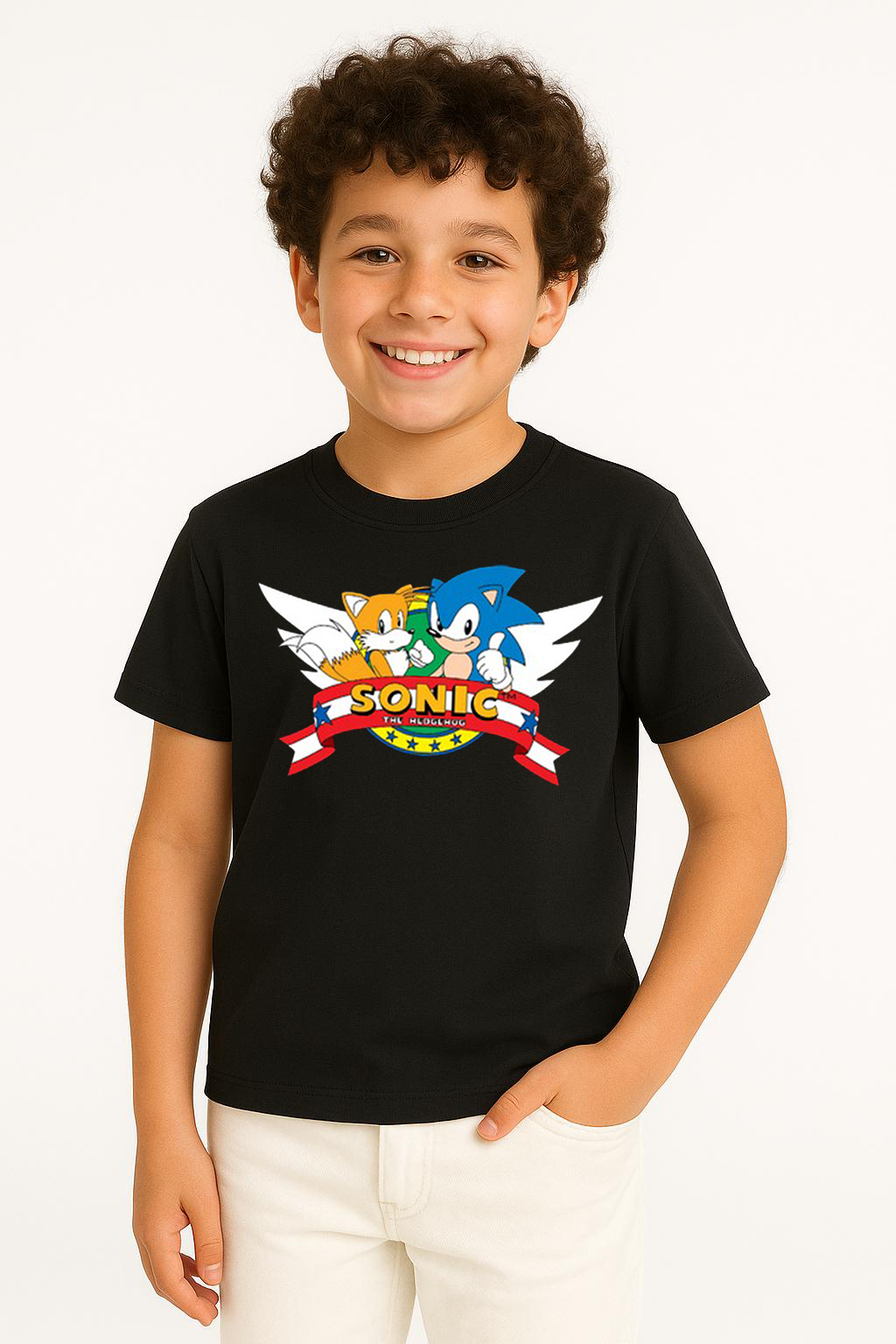 Sonic Baskılı Erkek Çocuk Tişörtü - Renkli Pamuklu Kısa Kollu Yazlık T-Shirt Basic Günlük Siyah 9-10 Yaş
