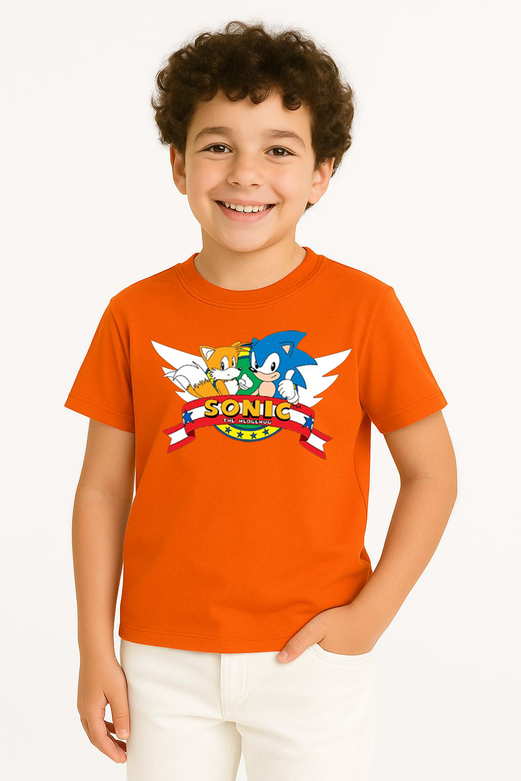 Sonic Baskılı Erkek Çocuk Tişörtü - Renkli Pamuklu Kısa Kollu Yazlık T-Shirt Basic Günlük Turuncu 13-14 Yaş