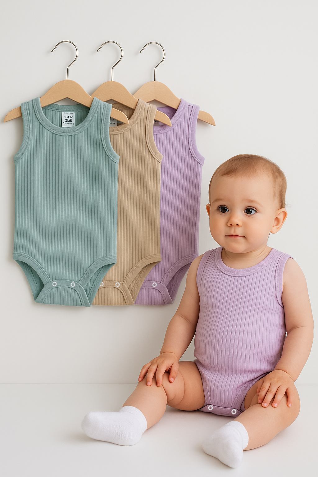 3’lü Fitilli Yeşil-Bej-Lila Bebek Zıbın Seti Pamuklu Kolsuz Çıtçıtlı Yazlık Body Unisex Yazlık Badi 24-36