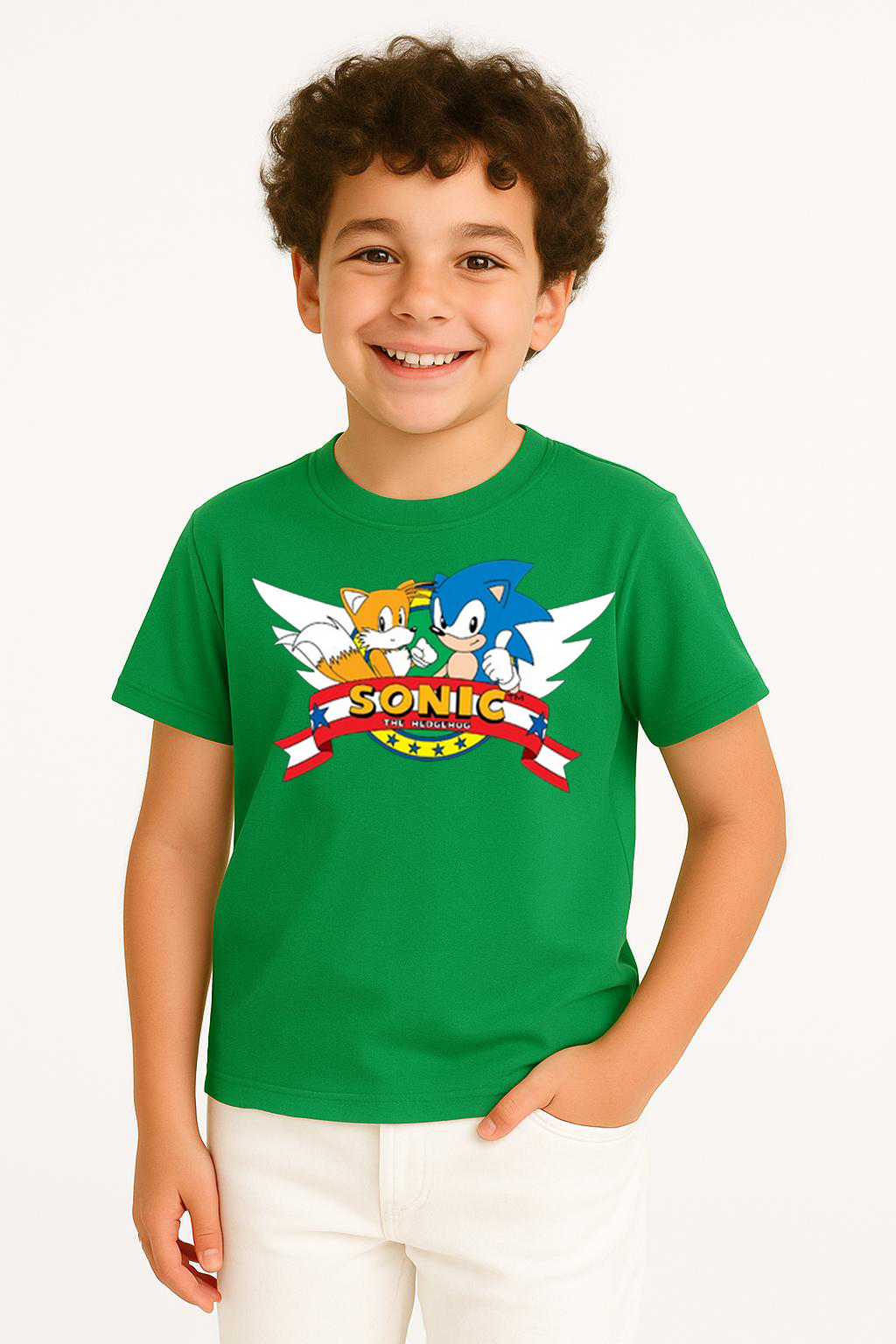 Sonic Baskılı Erkek Çocuk Tişörtü - Renkli Pamuklu Kısa Kollu Yazlık T-Shirt Basic Günlük Yeşil 5-6 Yaş