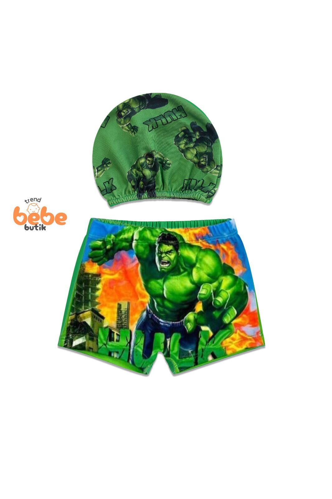 Hulk Baskılı Erkek Çocuk Mayo Takımı | 1-2-3-4 Yaş | Yeşil Süper Kahraman Yüzme Şortu ve Bone Seti 2 Yaş