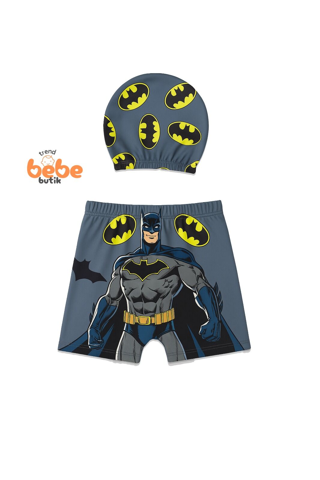 Batman Baskılı Erkek Çocuk Mayo Takımı Yüzme Şortu ve Bone Seti Süper Kahraman Havuz ve Deniz Mayosu 2 Yaş