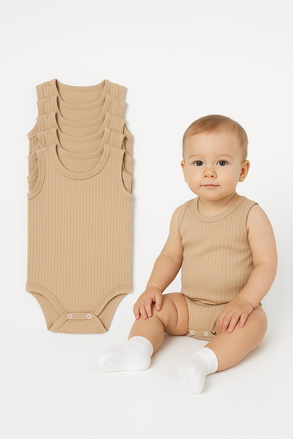 5'li Fitilli Çıtçıtlı Bebek Zıbın Seti Pamuklu Atlet Body Yazlık Kolsuz Bebek Zıbın Tulum Ribana 24-36 Ay - BEJ