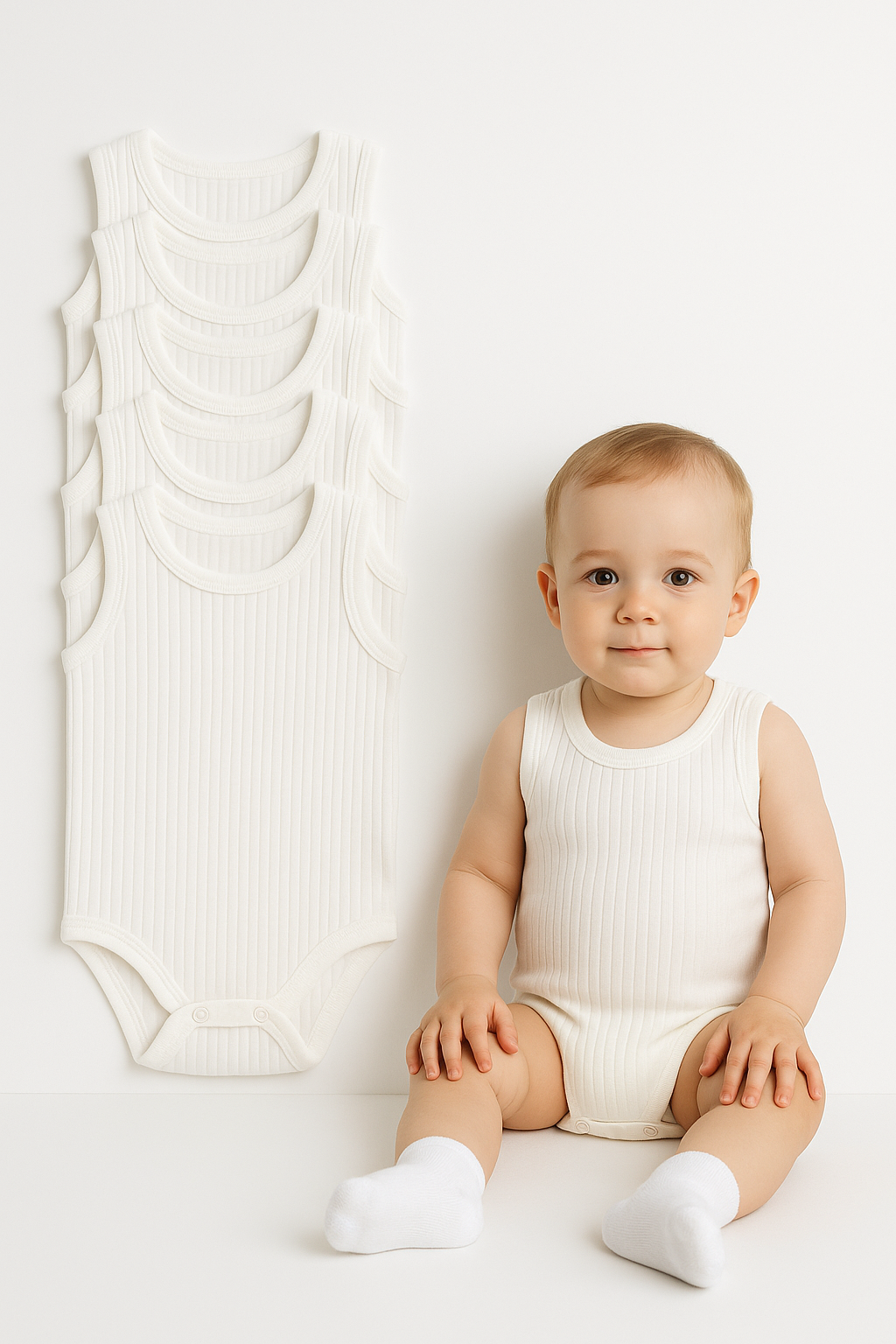 5'li Fitilli Çıtçıtlı Bebek Zıbın Seti Pamuklu Atlet Body Yazlık Kolsuz Bebek Zıbın Tulum Ribana 24-36 Ay - BEYAZ