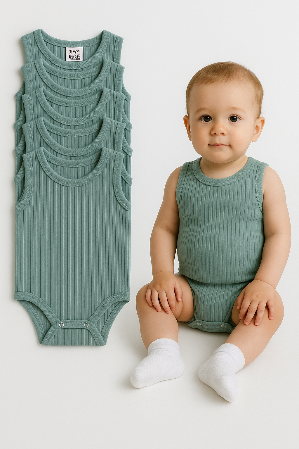5'li Fitilli Çıtçıtlı Bebek Zıbın Seti Pamuklu Atlet Body Yazlık Kolsuz Bebek Zıbın Tulum Ribana 24-36 Ay - HAKİ