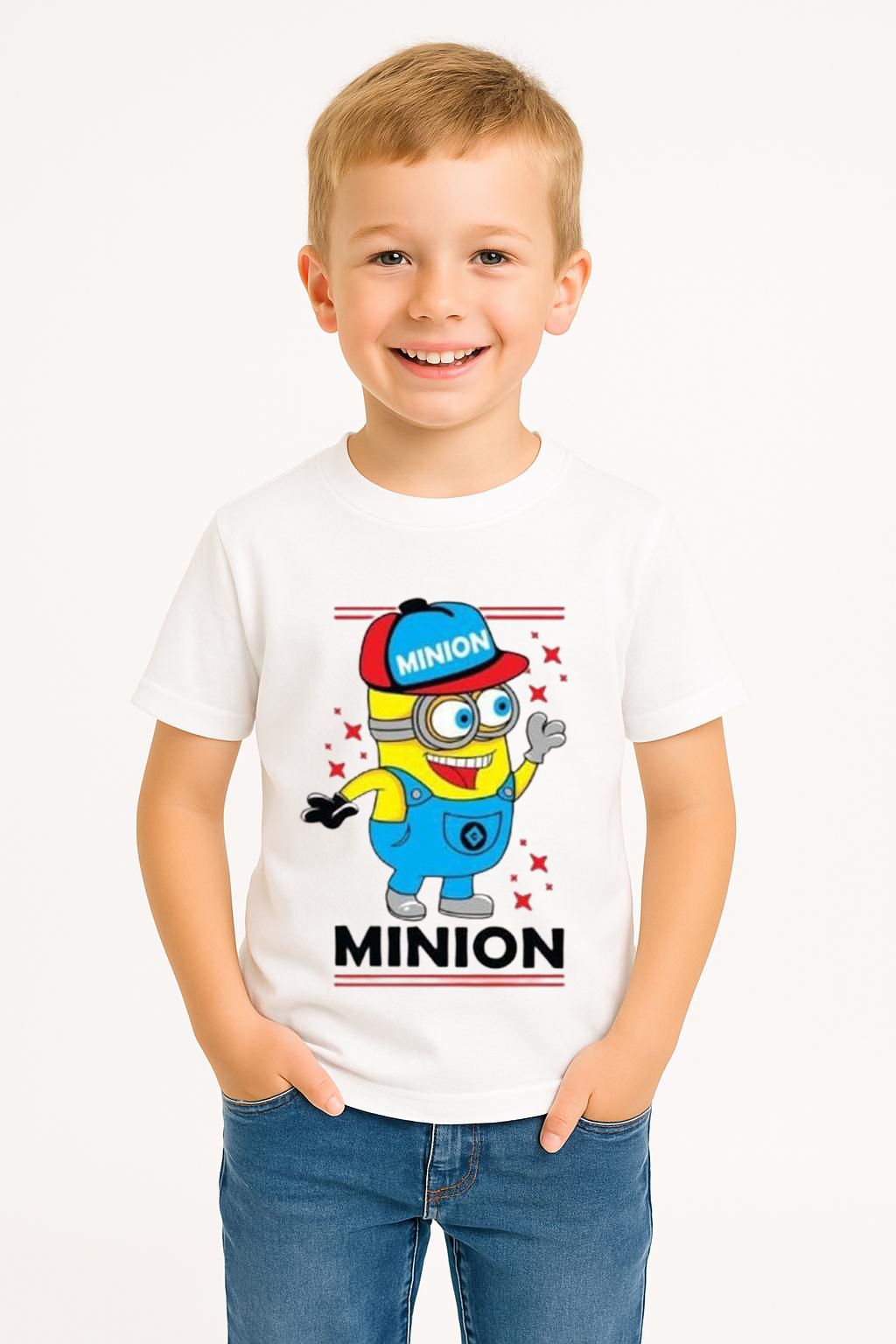 Minion Baskılı Erkek Çocuk Tişört | 3-14 Yaş Pamuklu Yazlık Kısa Kollu Renkli Günlük T-Shirt Beyaz 5-6 Yaş