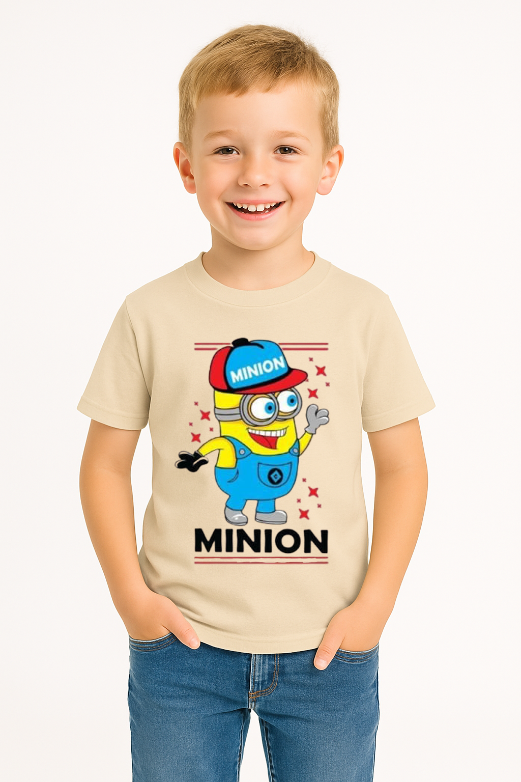 Minion Baskılı Erkek Çocuk Tişört | 3-14 Yaş Pamuklu Yazlık Kısa Kollu Renkli Günlük T-Shirt Bej 13-14 Yaş