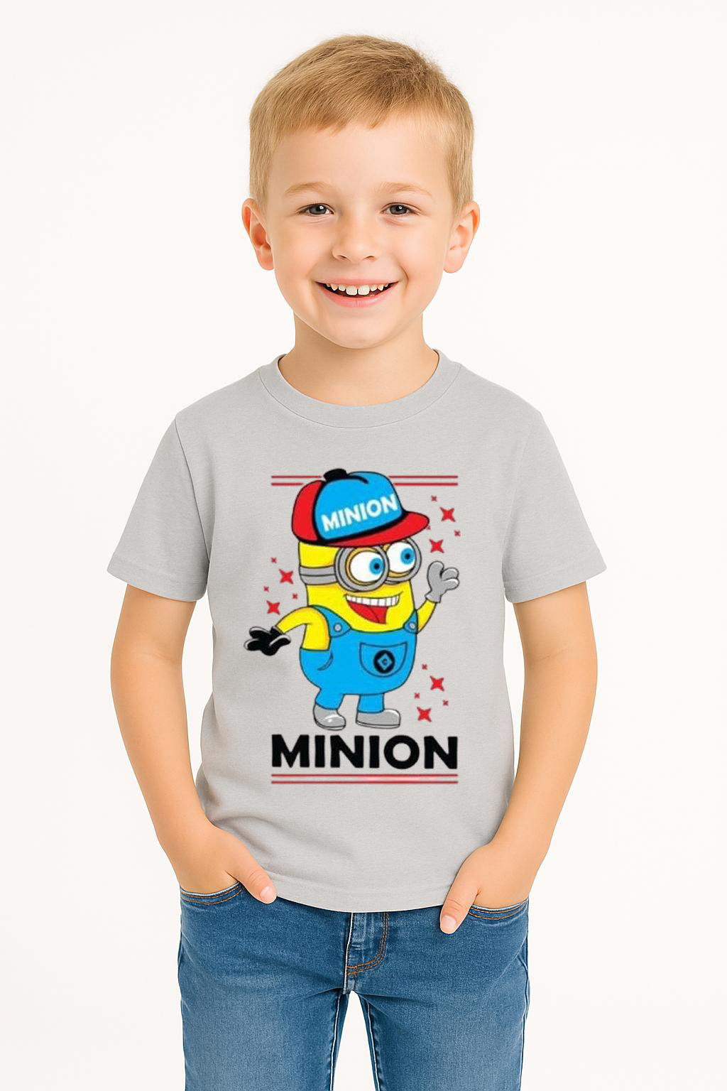 Minion Baskılı Erkek Çocuk Tişört | 3-14 Yaş Pamuklu Yazlık Kısa Kollu Renkli Günlük T-Shirt Gri 5-6 Yaş