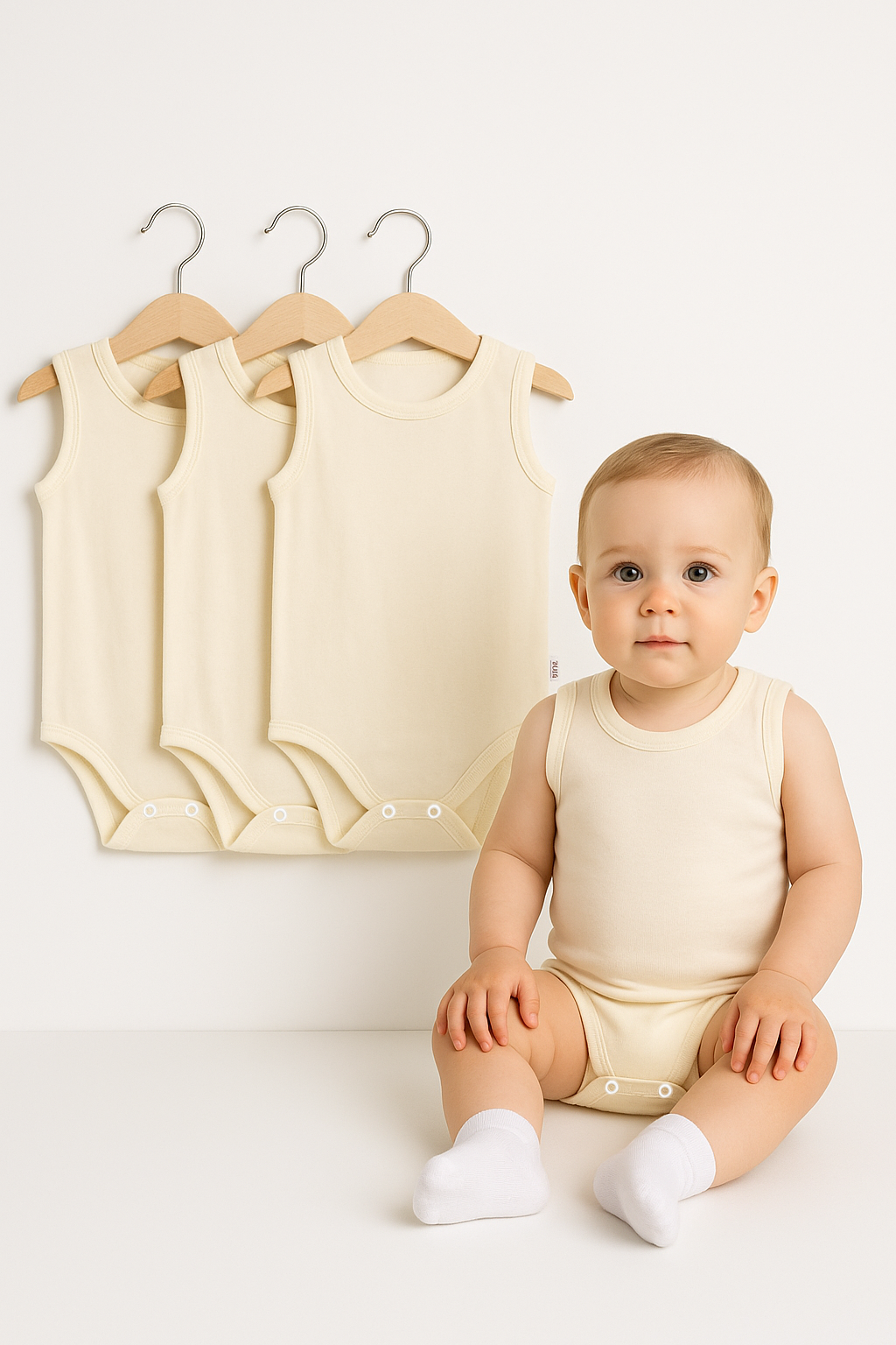 3’lü Bebek Zıbın Seti | Pamuklu Kolsuz Çıtçıtlı Yazlık Body Erkek & Kız Bebek İçin Unisex Badi Tulum 24-36 Ay - BEJ