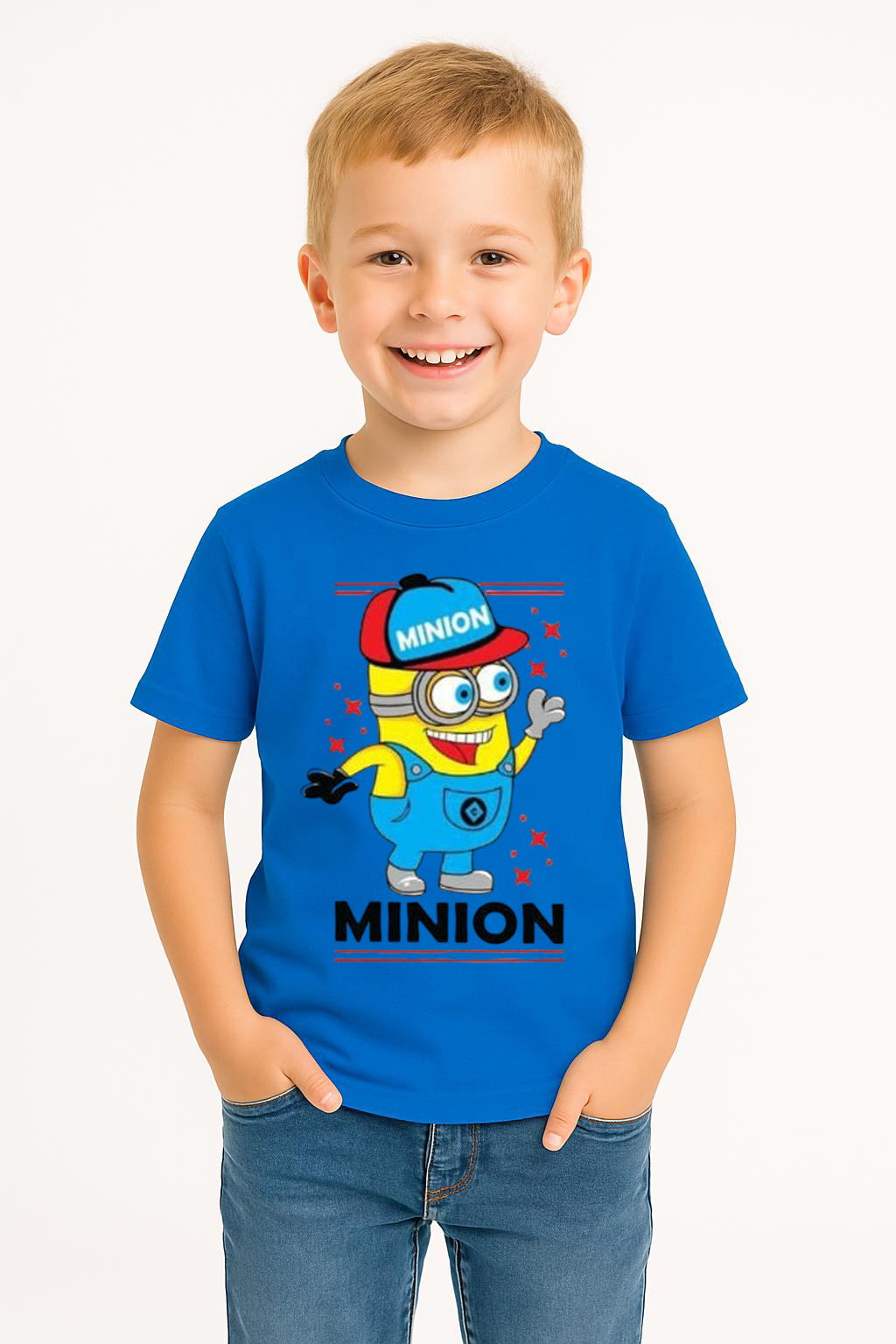 Minion Baskılı Erkek Çocuk Tişört | 3-14 Yaş Pamuklu Yazlık Kısa Kollu Renkli Günlük T-Shirt Koyu Mavi 5-6 Yaş