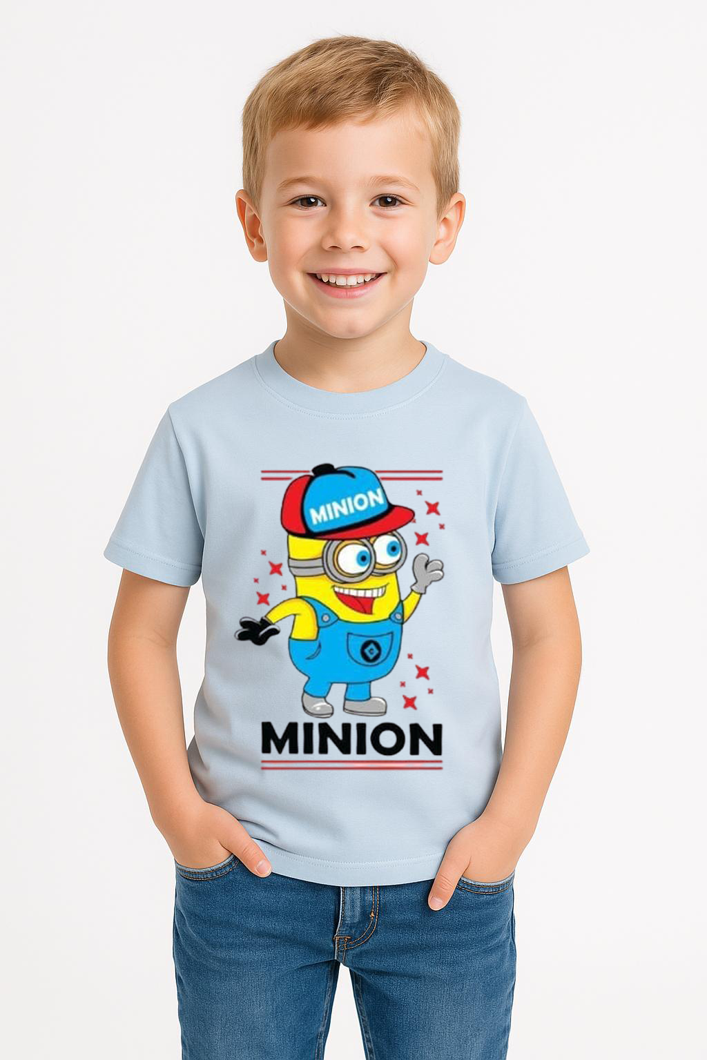 Minion Baskılı Erkek Çocuk Tişört | 3-14 Yaş Pamuklu Yazlık Kısa Kollu Renkli Günlük T-Shirt Açık Mavi 3-4 Yaş