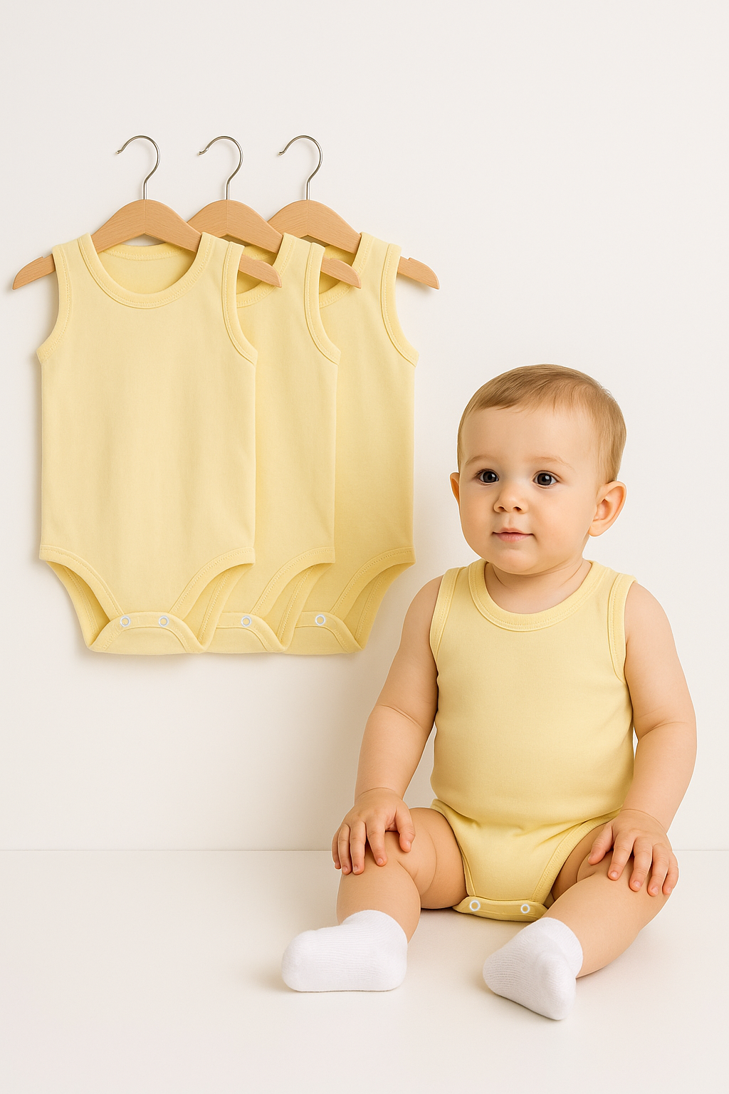 3’lü Bebek Zıbın Seti | Pamuklu Kolsuz Çıtçıtlı Yazlık Body Erkek & Kız Bebek İçin Unisex Badi Tulum 24-36 Ay - SARI