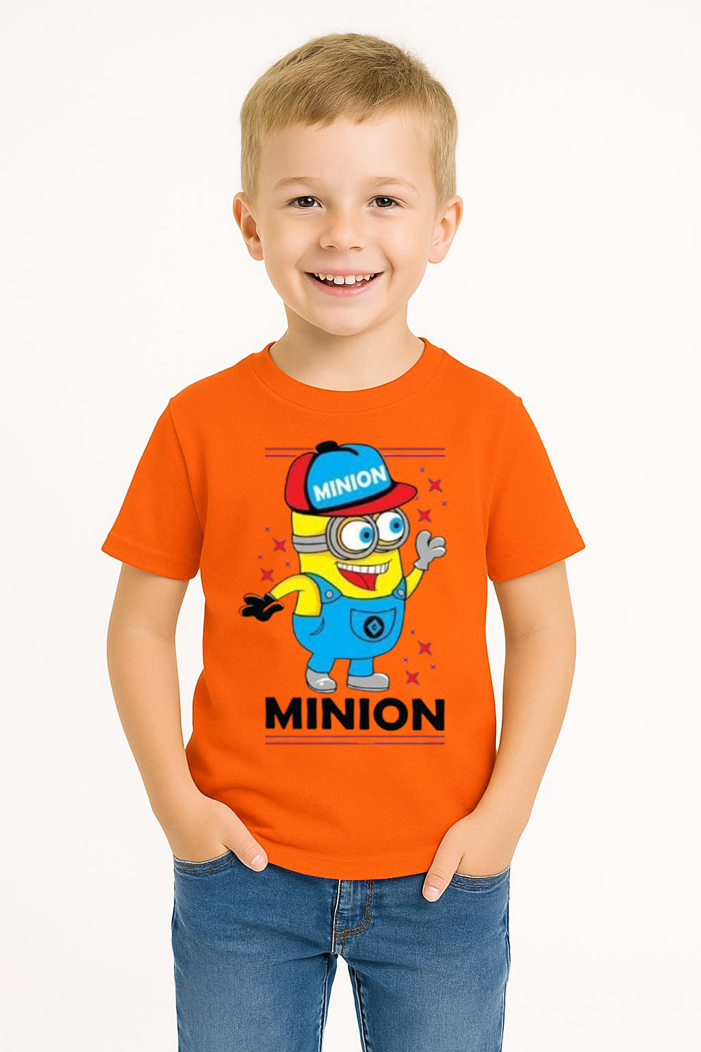 Minion Baskılı Erkek Çocuk Tişört | 3-14 Yaş Pamuklu Yazlık Kısa Kollu Renkli Günlük T-Shirt Turuncu 3-4 Yaş