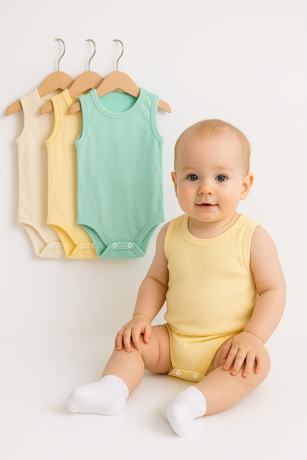 3’lü Bej-Sarı-Yeşil Bebek Zıbın Seti | Pamuklu Kolsuz Çıtçıtlı Yazlık Body | Unisex Bebek Badi