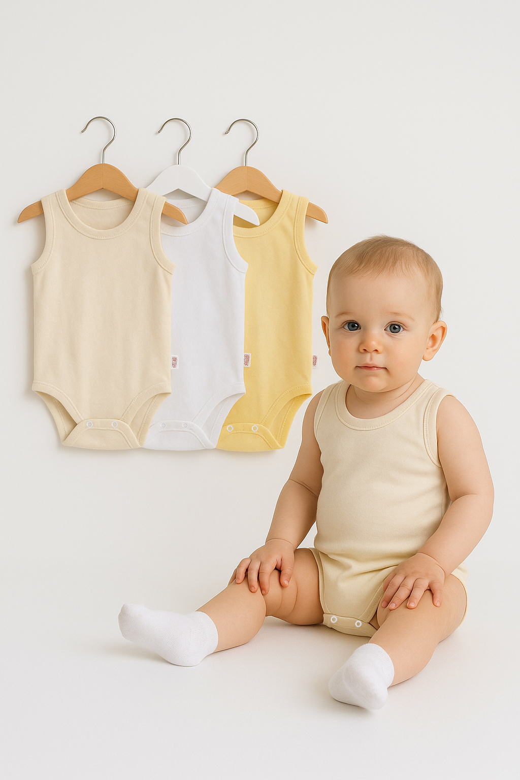 3’lü Bej-Beyaz-Sarı Bebek Zıbın Seti | Pamuklu Kolsuz Çıtçıtlı Yazlık Body | Unisex Bebek Badi 24-36 Ay