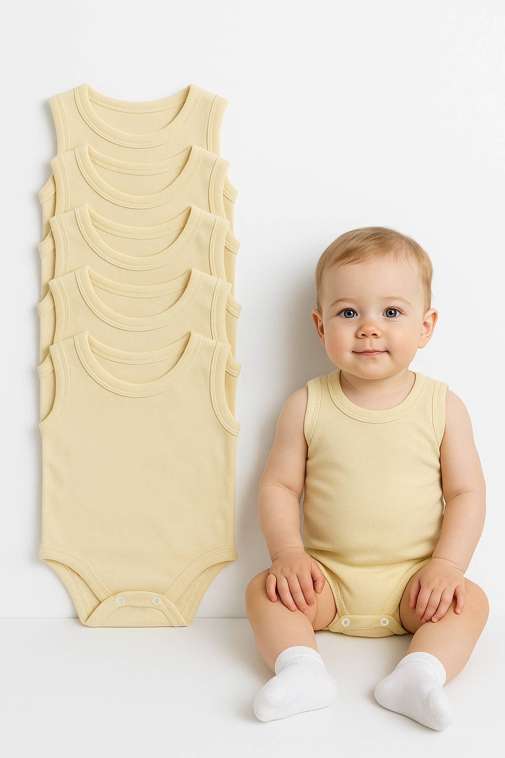 5’li Yazlık Bebek Zıbın Seti | Askılı Çıtçıtlı Body | Nefes Alabilir %100 Pamuklu Kumaş Tulum Body 24-36 Ay - SARI